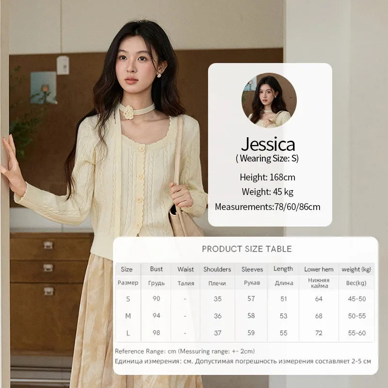 MISHOW Women's Beige Cable Knit Cardigan 2026 Spring Square Neck Long Sleeve Slim Casual Knitwear with Flower Ribbon MXF11Z2903