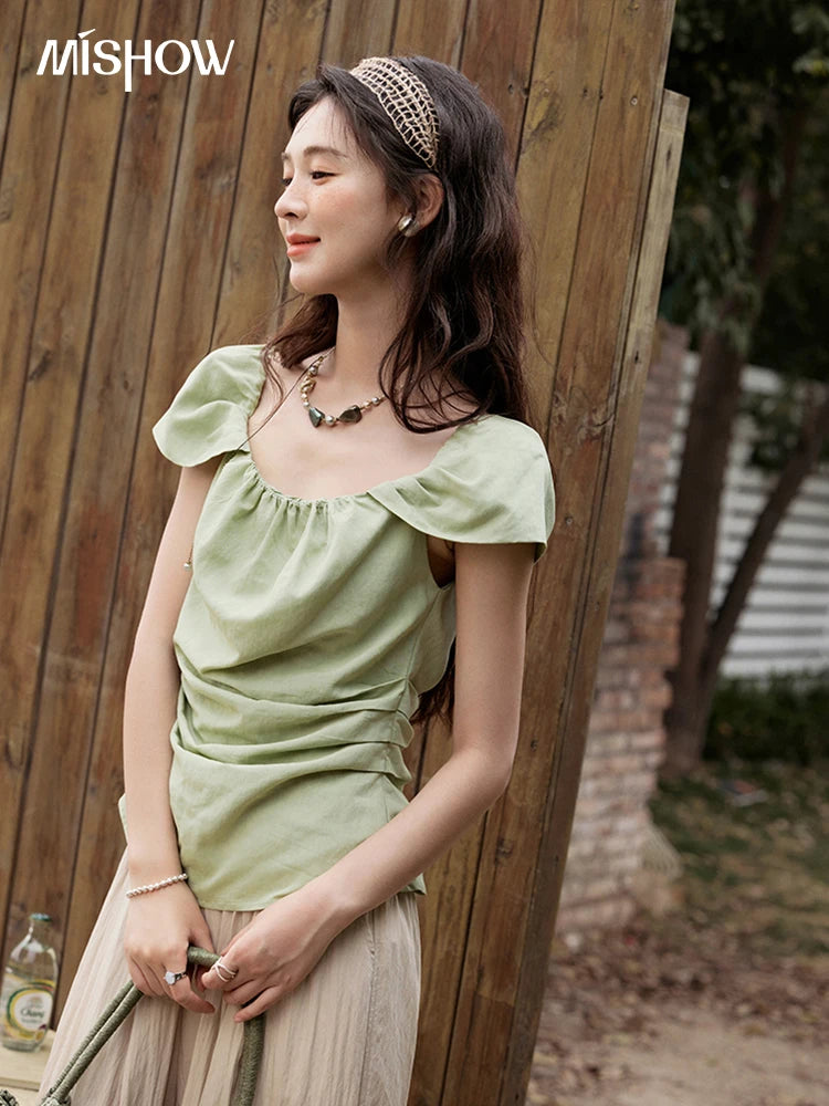 MISHOW French Summer Shirt Women 2025 New Short Flying Sleeve Square Collar Solid Slimming Blouses Female Versatile MXE34X1804