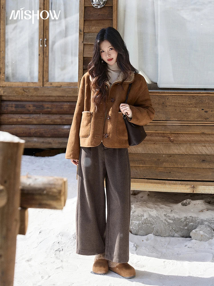 MISHOW Women's Brown Reversible Shearling Coat 2025 Winter Suede Polka Dot Lapel Coats Fleece Thick Warm Short Jacket MXE93W1012