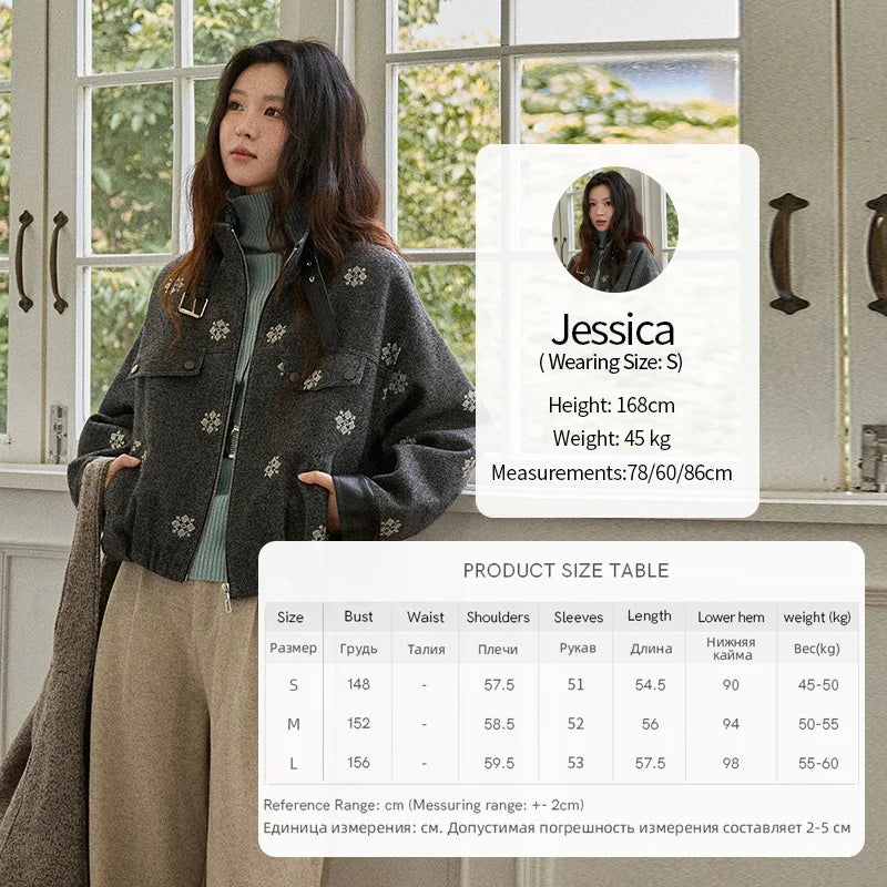 MISHOW Women's Wool Blend Jacket 2025 Winter Retro Small Flower Embroidery Decorated Coat Turtleneck Zipper Jacket MXE86W0906