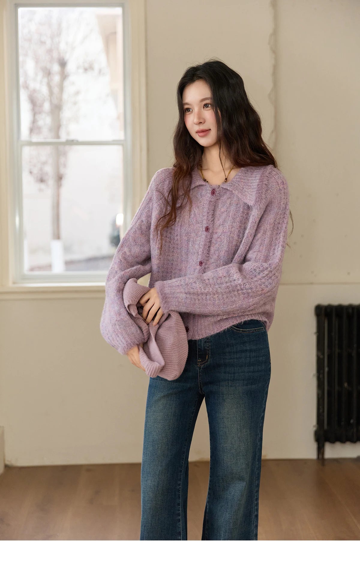 MISHOW Cardigans Ladies 2025 Winter Loose Retro Purple Turn-down Collar Imitation Mink Sweater Commute knit Top MXE88Z2616