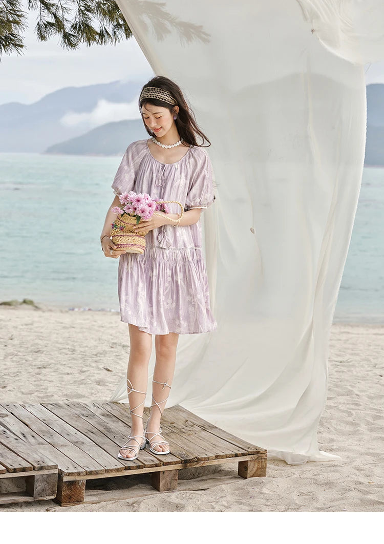 MISHOW Print Summer Chiffon Dress Women 2025 Short Sleeve U Neck Splicing Hollow Lace Midi Dresses Lady New Fashion MXE32L2164