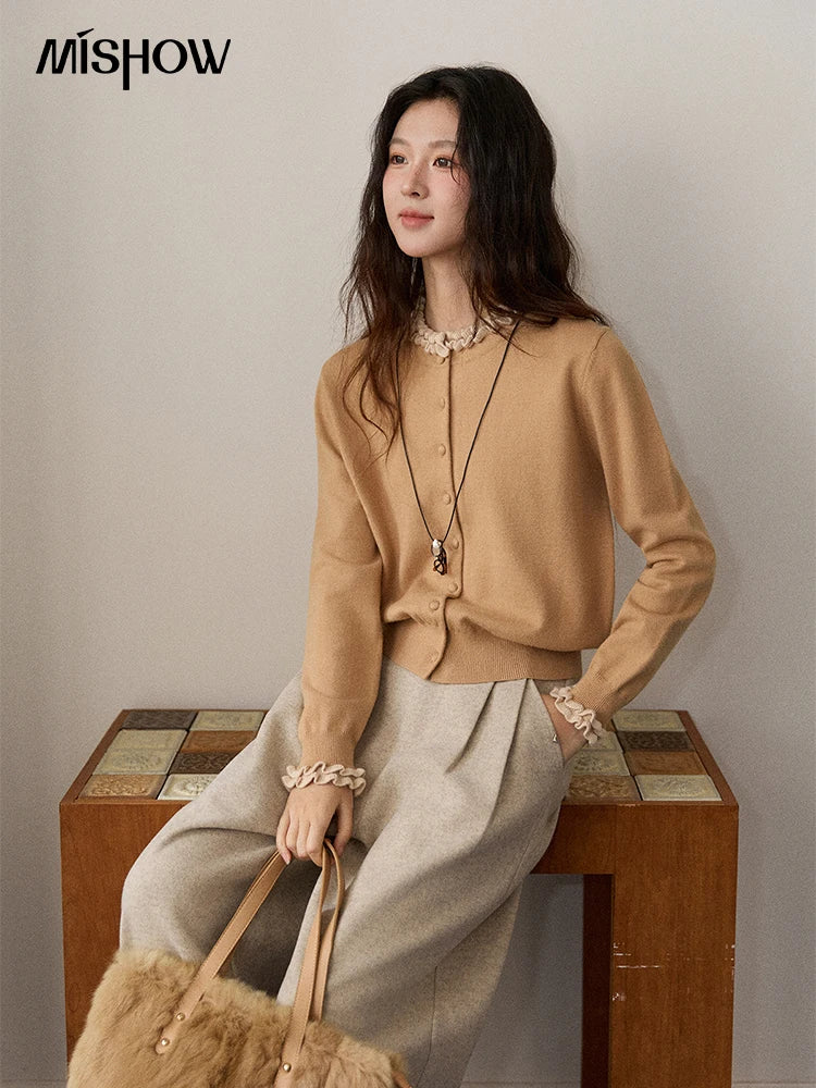 MISHOW Women Knit Cardigan Long Sleeve 2025 Winter Retro Ruffle O-neck Knitted Sweater Loose Casual Commute Khaki Top MXE91Z2749