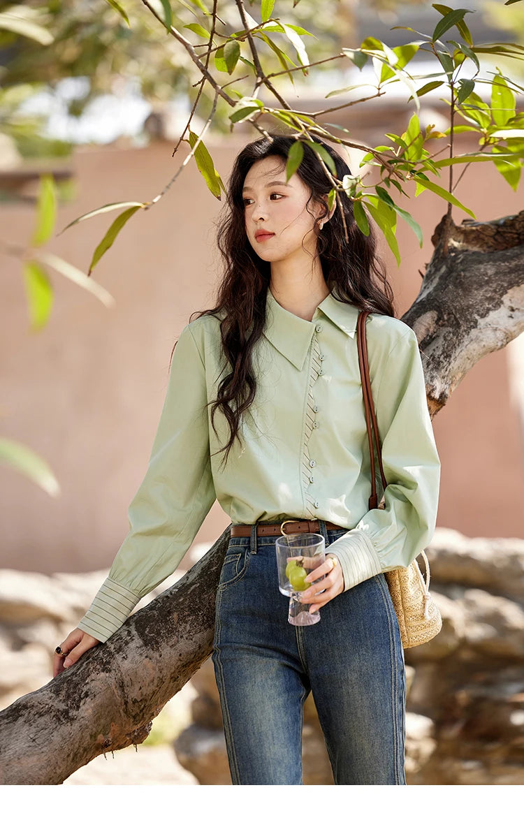 MISHOW Striped Patchwork Shirt for Women Spring 2025 Irregular Single Breasted Buckle Shirts Lapel Tops Office Lady MXE12C0412