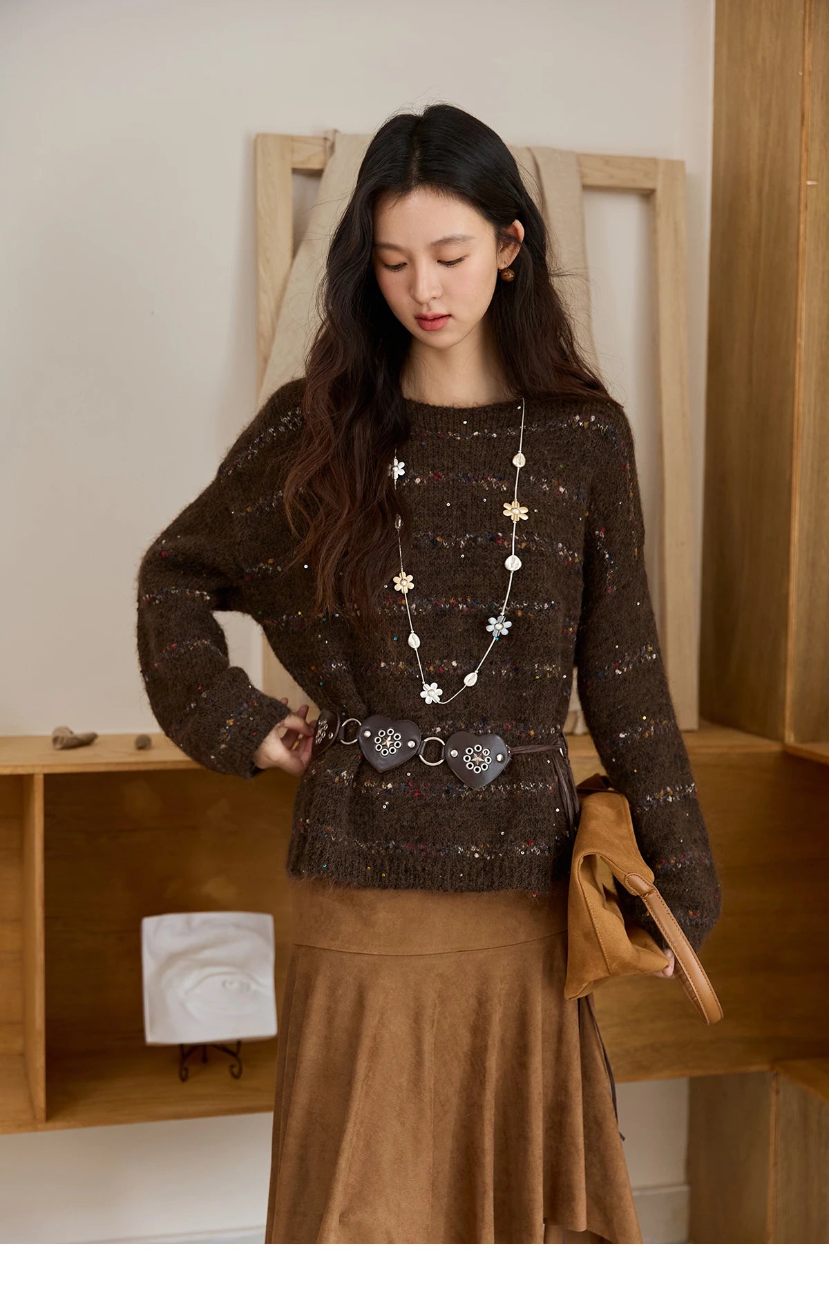 MISHOW Brown Chrysanthemum Yarn Sweaters Women Beltless 2025 Autumn Wool Blend Loose Round Neck Retro Knitted Tops MXE47Z2574