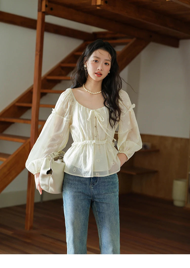 MISHOW Women's Fashion Cashew Flower Embroidered Blouse 2025 Autumn V-neck Lace Up Puff Sleeve Ladies Elegant Top MXE41X1945