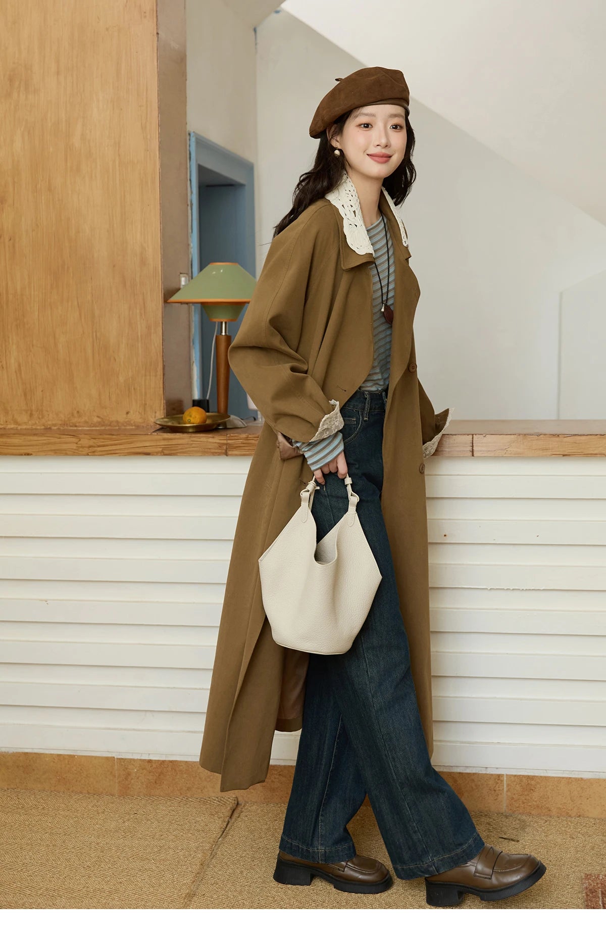 MISHOW Trench Coat Women 2025 Autumn Fashion Light Khaki Lace Long Windbreaker Jacket Long-sleeved Coat with Belt MXE45W0830