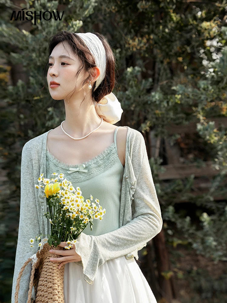 MISHOW Light Green Camisole Knit Cardigan Two-piece Set Spring Summer 2025 Lace Bow Camisole V-neck Cardigan Sets MXE15T0504