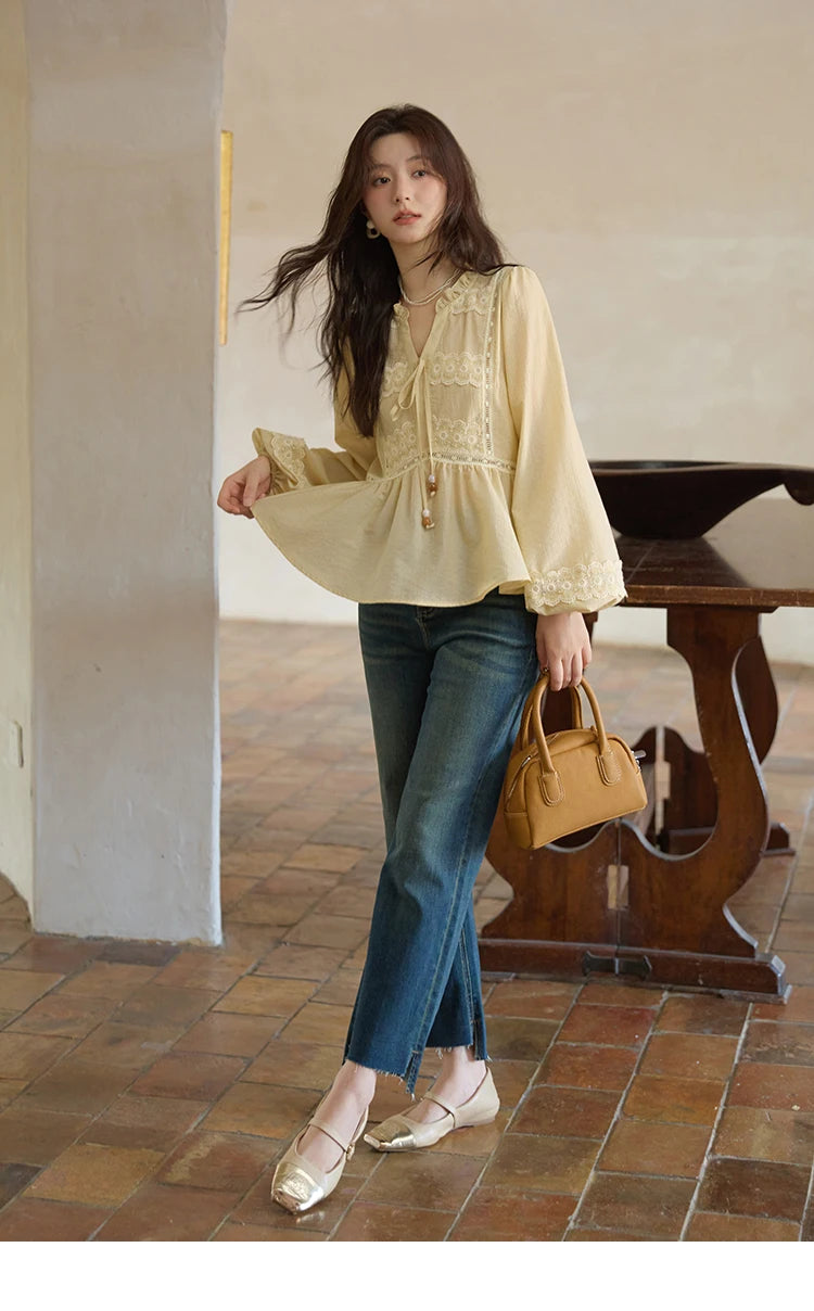 MISHOW French Thin V-neck Blouse 2025 Autumn Lace Patchwork Elastic Cuffs Top Bead Drawstring Lantern Sleeves Blouses MXE41X1925