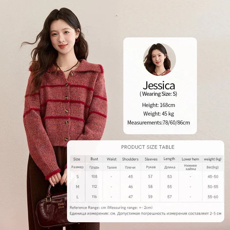 MISHOW Christmas Women's Retro Red Striped Large Lapel Knitted Cardigan 2025 Winter Color Block Fleece Patchwork Tops MXE94Z2888