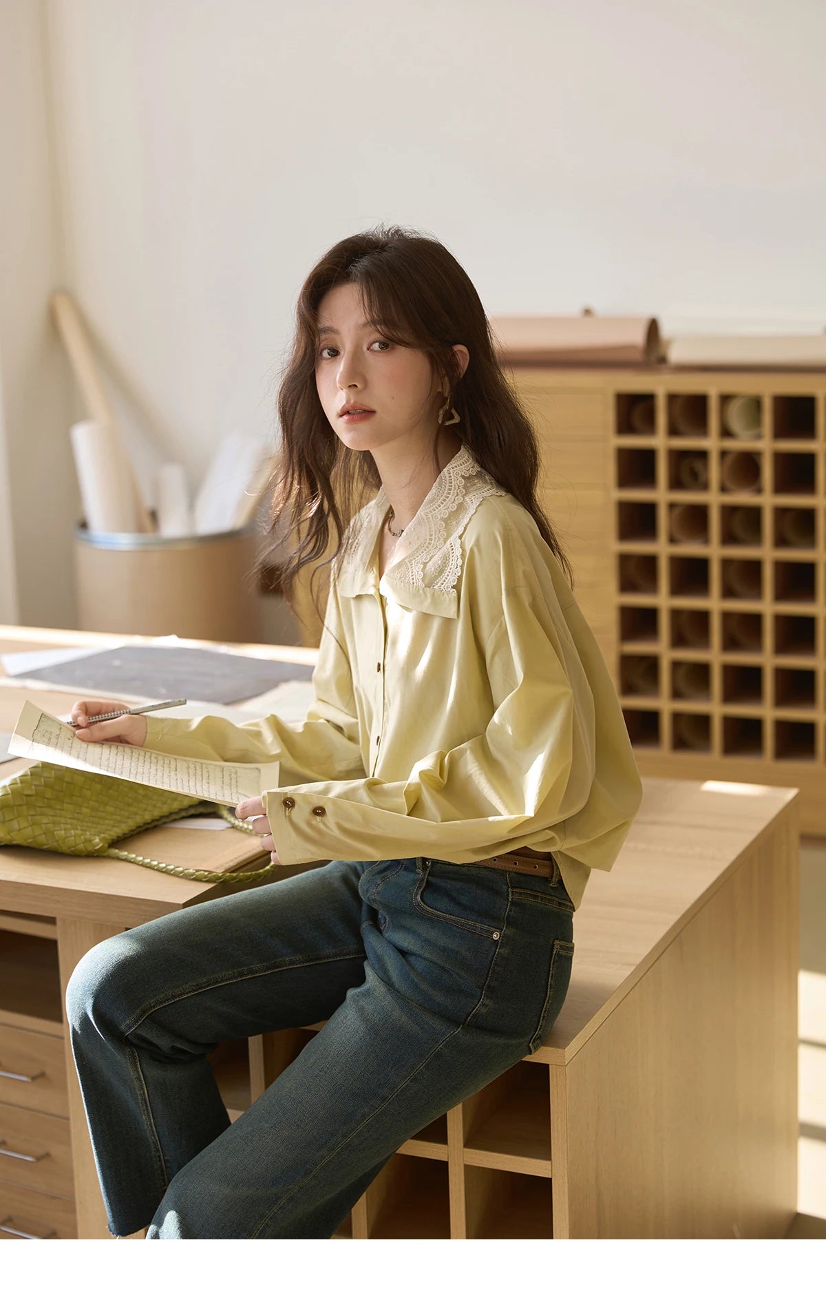 MISHOW Autumn Solid Cotton Shirt Autumn V-neck Double-layer Lace Retro Design Shirts Single Breasted Tops Office Lady MXE41C2366