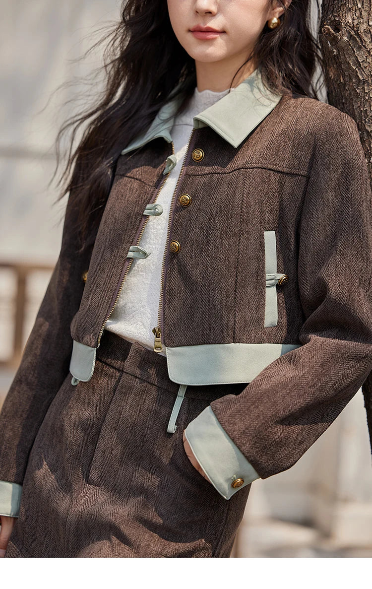 MISHOW Fragrant Jacket Rear Hem Slit Skirt Separately 2024 Winter Lapel Jackets Splicing Contrasting Leather Skirts MXD43W0444