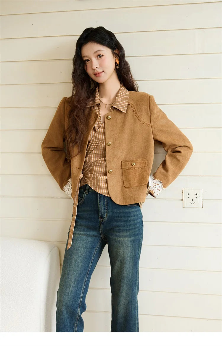 MISHOW Fragrant Suede Jacket for Women Autumn 2025 Cuffs Hollowed Out Lace Short Coats O-neck Metal Button Jackets MXE46W0839