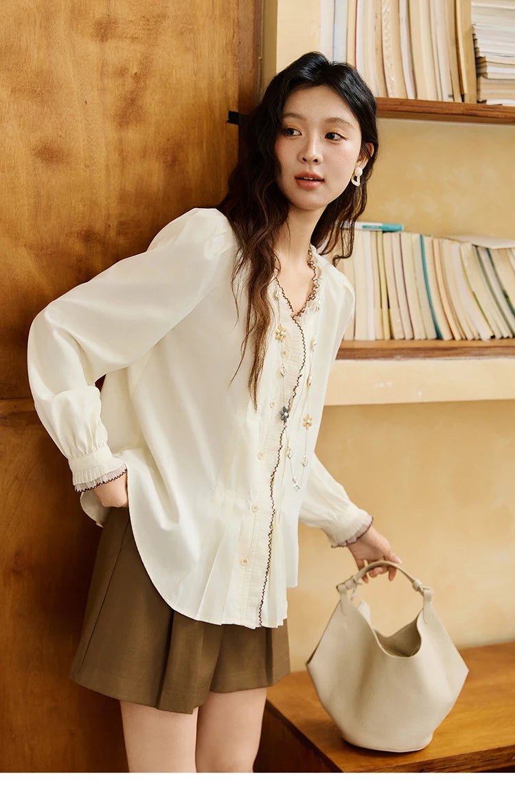 MISHOW Women's Apricot Retro Blouses 2025 Autumn V-neck Pleated Double-layer Lace Tops Lantern Sleeves Loose Blouse MXE46C2404