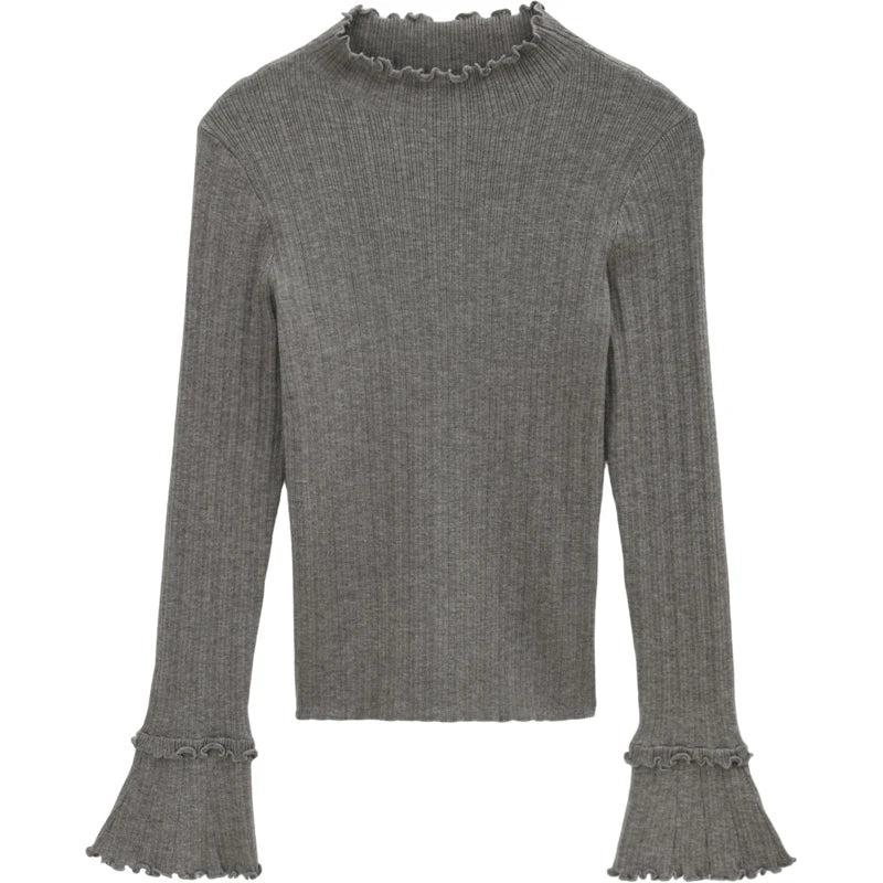 MISHOW Women's Long Sleeve Top 2025 Autumn New Casual Solid Turtleneck Slim Knit Wood Ear Edge Trumpet Sleeve Top MXE51Z2552