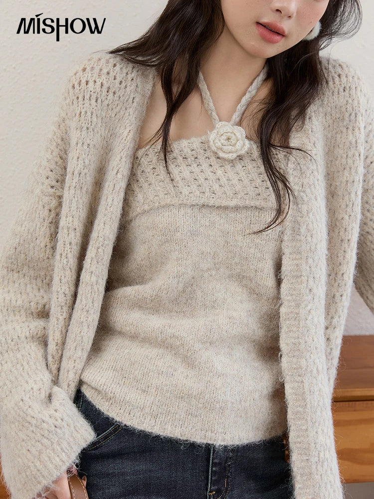MISHOW Apricot Knitted Halter Two-Piece Set Women's 2025 Autumn Winter Retro Flower Decoration Commute Cardigan Set MXE51T1424