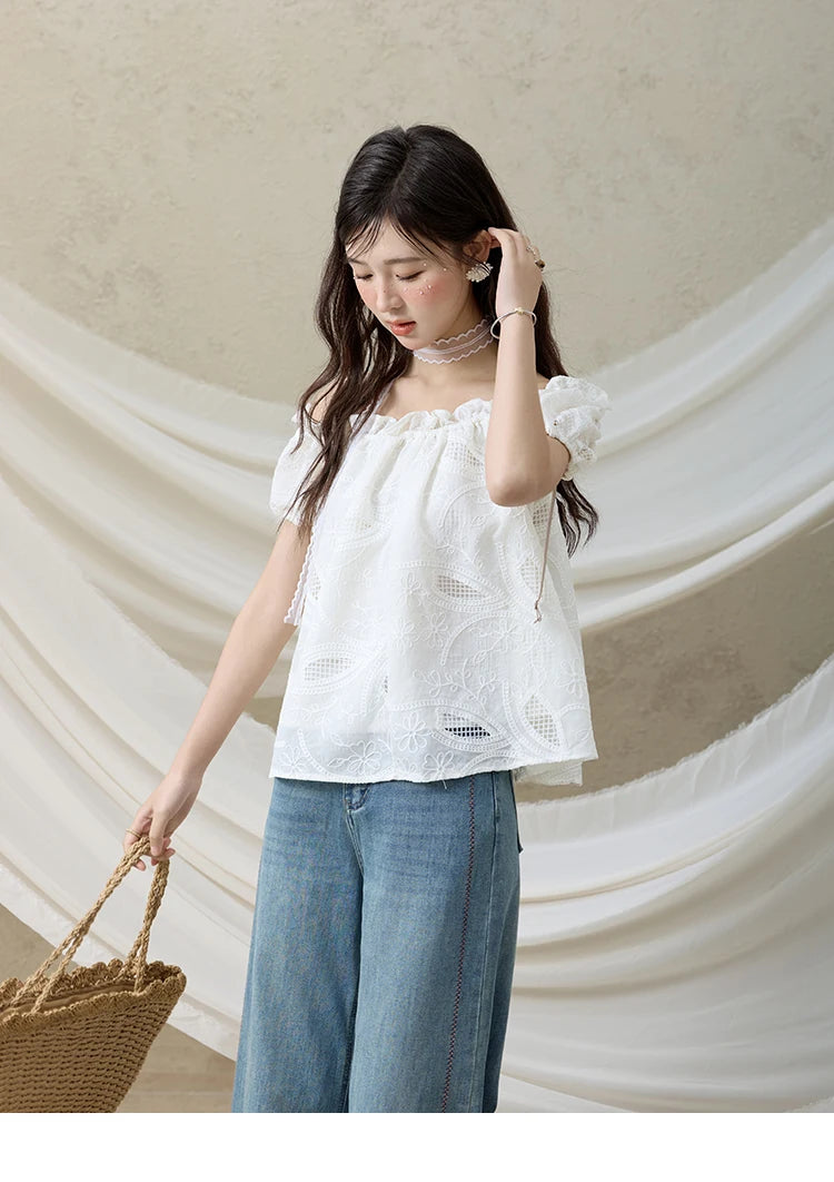 MISHOW French Summer Shirts Women New 2025 Slash Neck Short Sleeve Solid Lace Blouses Female Fashion Slim Tops Lady MXE35X1775