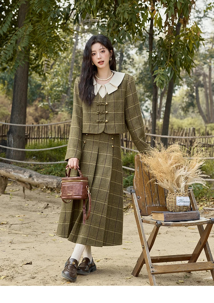 MISHOW Retro Plaid Tweed Jacket Short Skirt Separately Women 2024 Winter Doll Collar Jacket Pleated Mid Length Skirt MXD48W0469