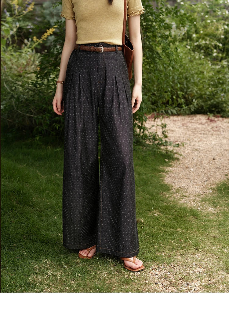 MISHOW Women's Fashion Polka Dot Pants Summer 2025 New High Waist Straight Pants Casual Button Zipper Wide Leg Jeans MXE38K0956