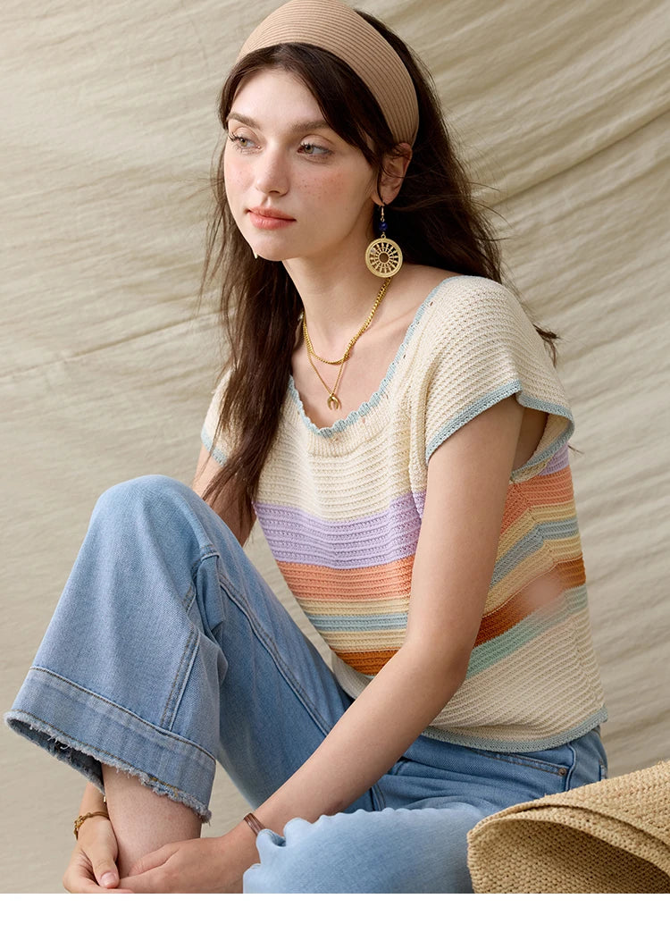 MISHOW Casual Stripe Knitted Pullover Women Summer New 2025 Short Sleeve Round Neck Slimming Tops Female Office Lady MXE31Z1222