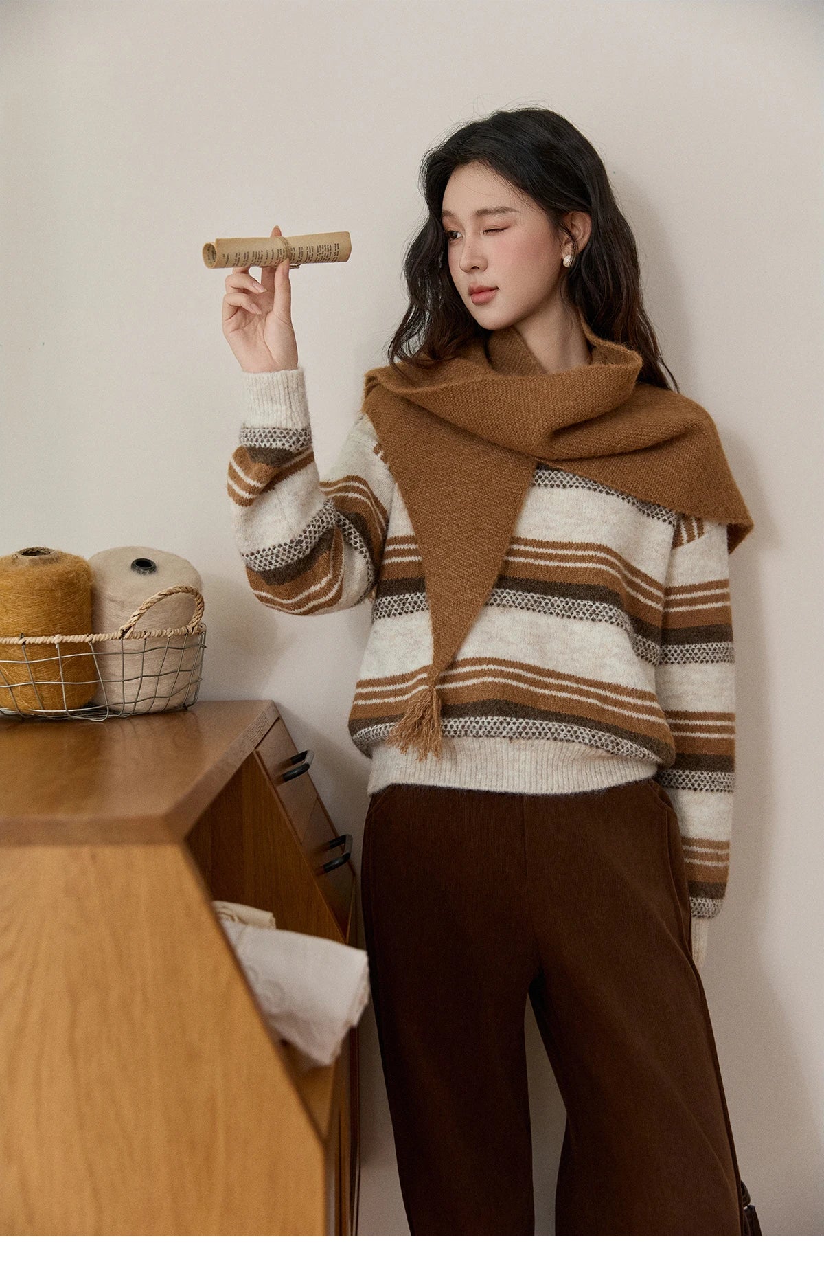 MISHOW Women's Wool Blend Retro Striped Sweater with Scarf Set 2025 Winter Knitted Round Neck Warm Loose Sweaters MXE94Z2987