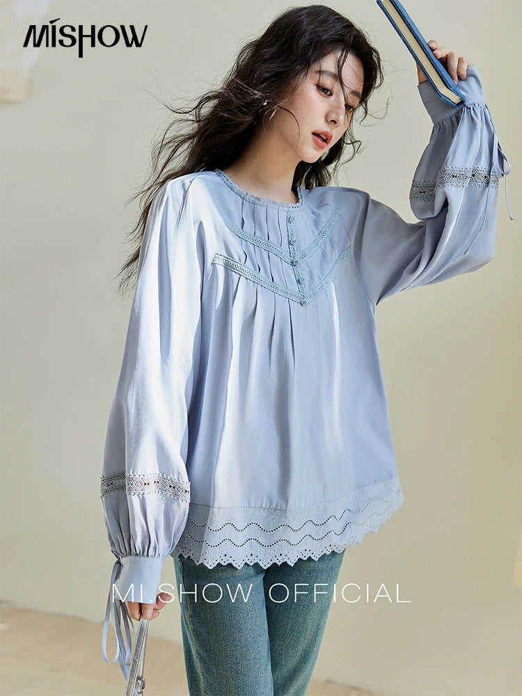 MISHOW Blue Lace Patchwork Shirt for Women 2025 Spring Sleeve Lace-up Hem Wave Edge Top Lantern Sleeve Loose Shirt MXE14X1716