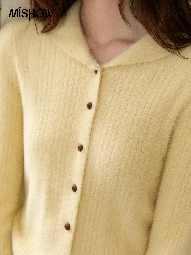 MISHOW Woman Yellow Cardigan 2025 Winter Imitation Mink Fur Knitted Cardigan Turn-down Collar Long Sleeves Soft Top MXE89Z2671