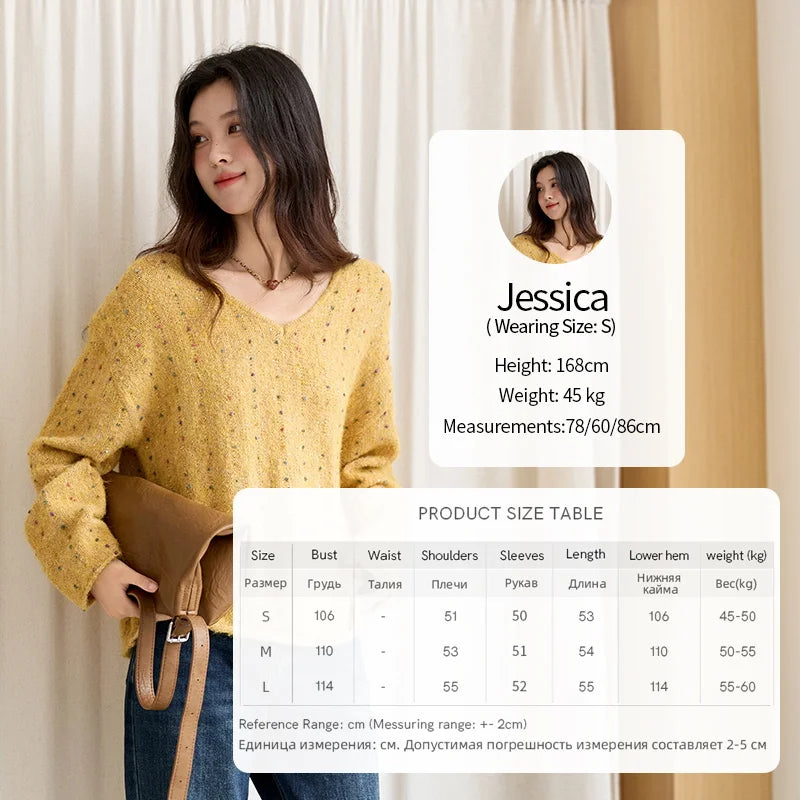 MISHOW Women Long Sleeve Tops 2025 Autumn Retro Yellow Sequins V-neck Sweater Knitted Comfortable Casual Pulllovers MXE47Z2572