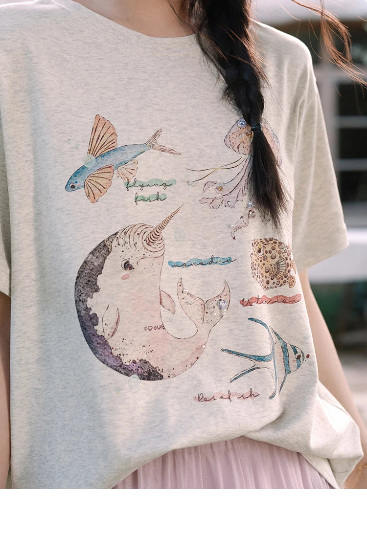 MISHOW Fashion Print T-shirts for women 2025 Summer New O-Neck Loose Casual Short Sleeve Cotton Top Female Clothing MXE36T0575