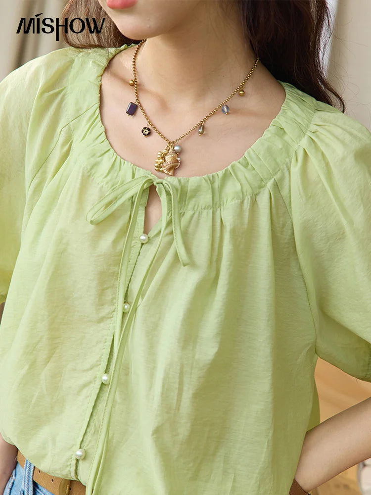 MISHOW Women's Round Neck Blouse 2025 Summer New Fashion Lace Up Puff Sleeve Casual Chiffon Top Ladies Clothing MXE36X1875