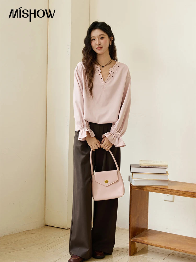 MISHOW Women's Elegant Blouse 2025 Autumn French Style Hollow Out V Neck Pink Blouse Loose Commute Long Sleeves Top MXE48X2502
