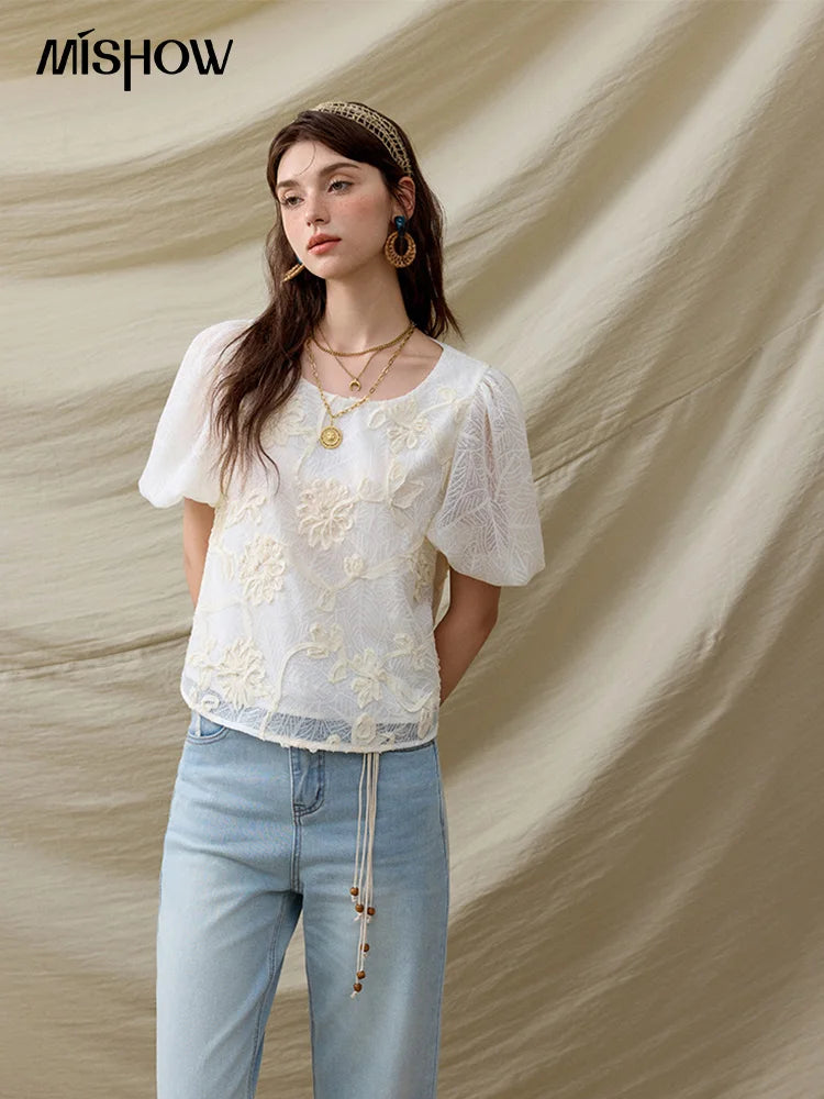MISHOW French Summer Blouses Women New 2025 Short Puff Sleeve Round Neck Jacquard Flower Slim Shirts Woman Versatile MXE32X1772