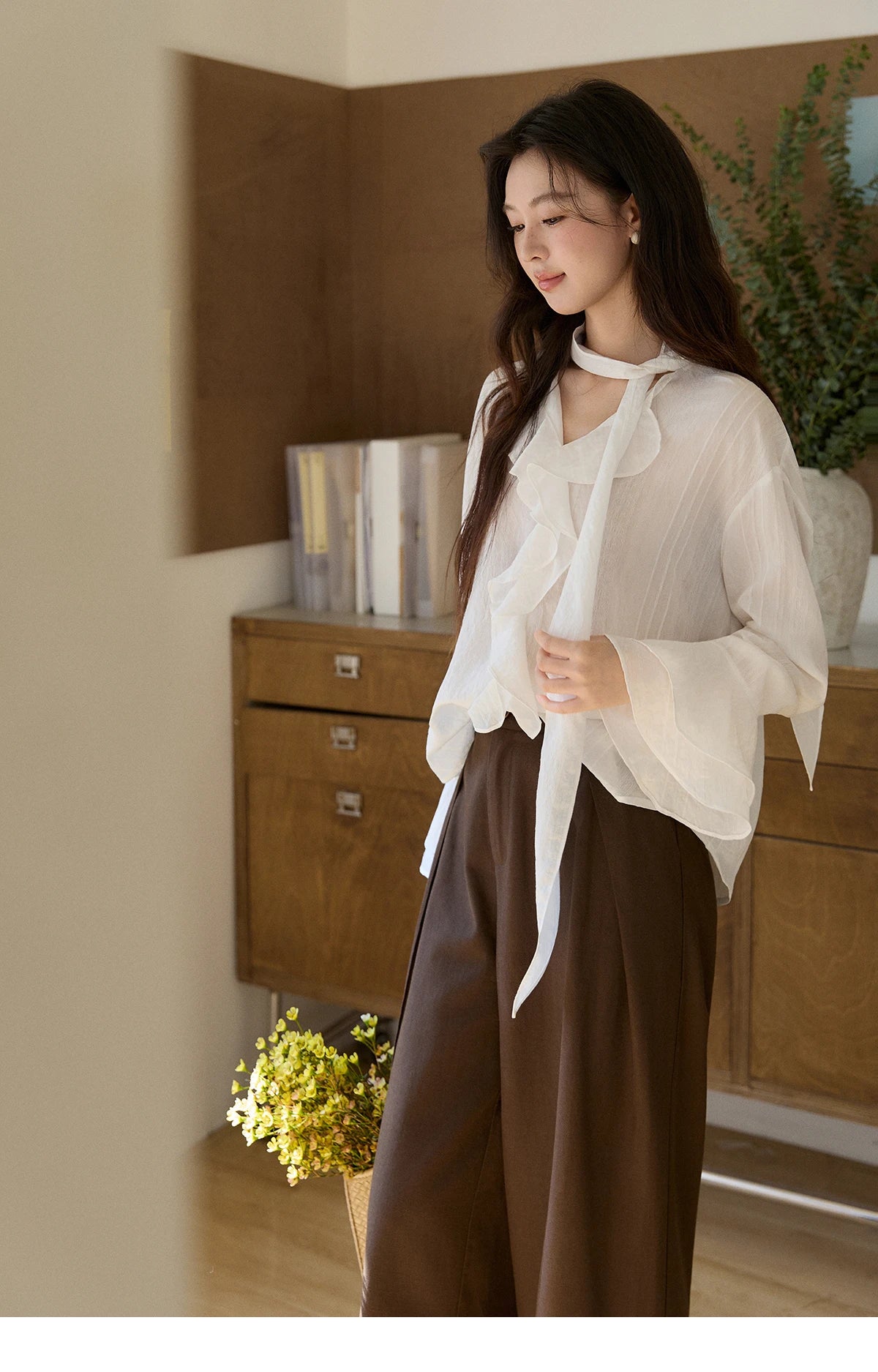 MISHOW Women's Ruffle Trim Chiffon Blouse with Detachable Scarf 2026 Spring Long Sleeve Loose Fit Casual White Top MXF108X0999