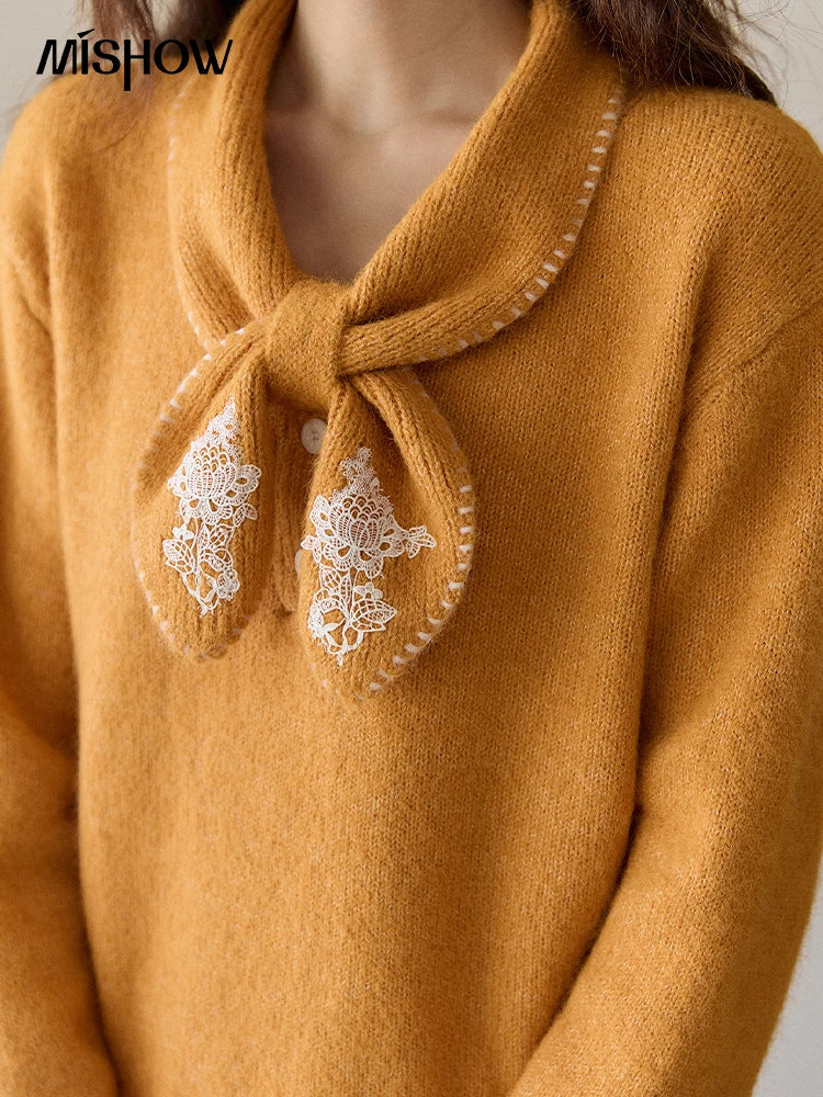 MISHOW Women's Yellow Knitted Sweater 2025 Autumn Winter Bow Collar Splicing Lace Tops Loose Warm Pullover Sweaters MXE94Z2971