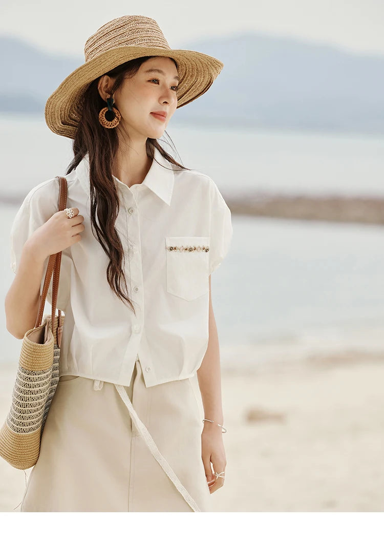 MISHOW Casual Summer Blouses Women 2025 New Short Puff Sleeve Turn Down Collar Shirt Female Fashion Shell Ribbon Tops MXE33C0773