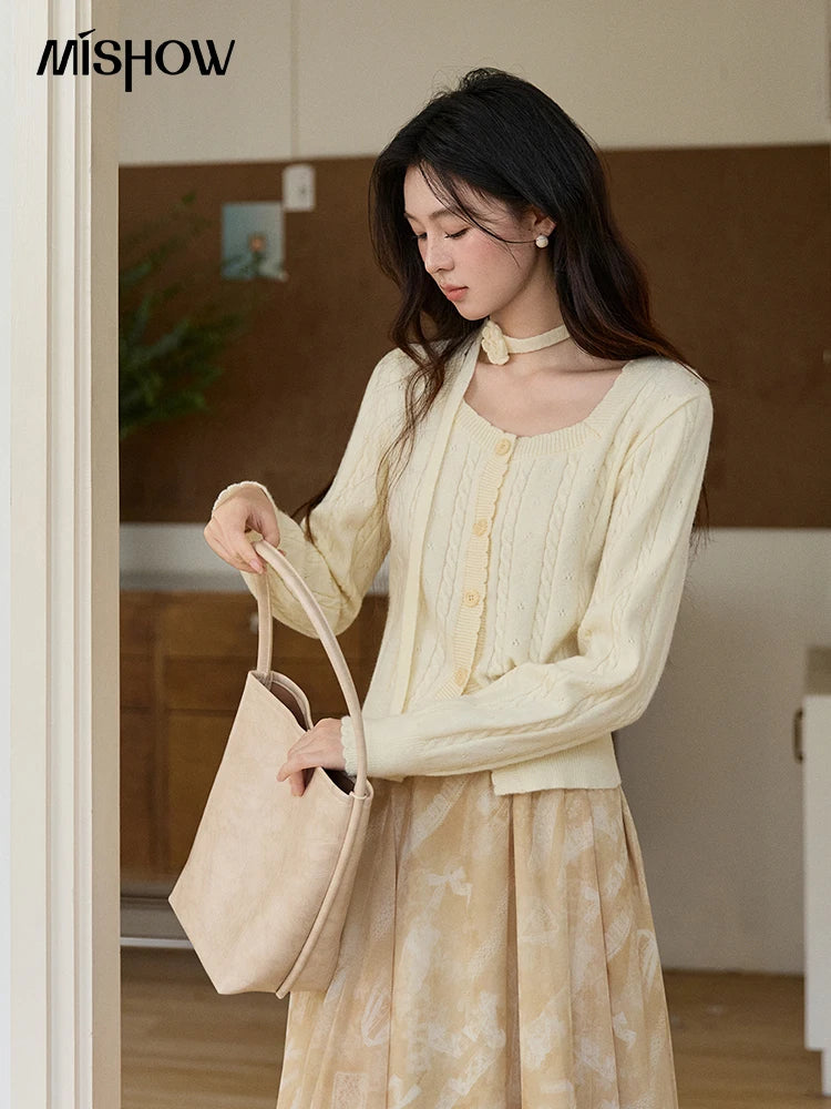 MISHOW Women's Beige Cable Knit Cardigan 2026 Spring Square Neck Long Sleeve Slim Casual Knitwear with Flower Ribbon MXF11Z2903