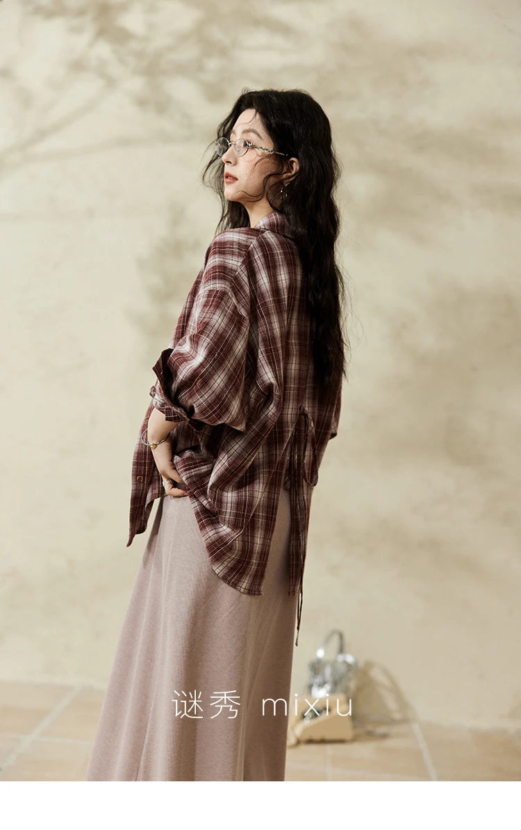 MISHOW Women's Plaid Shirt Grey Vest Dress Separately Spring Lapel Collar Shirt U-neck Sleeveless Dresses (Not A Set) MXE13L2093