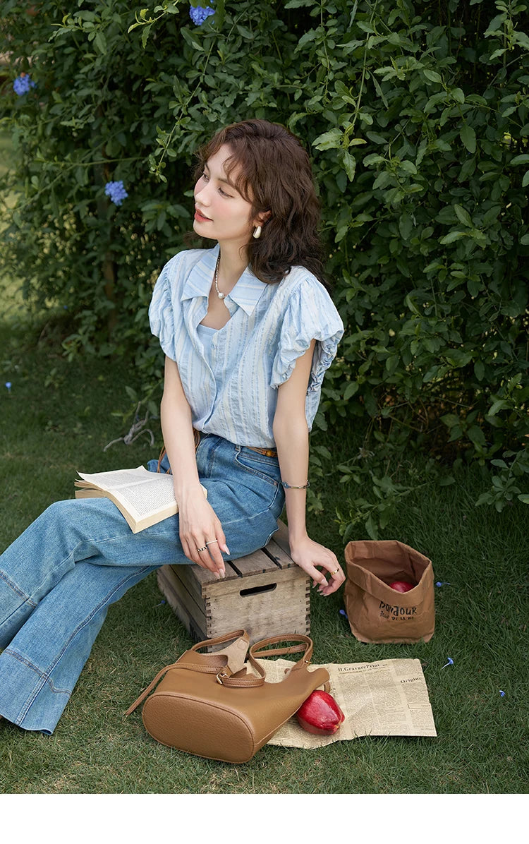 MISHOW Blue Striped Short Sleeve Shirt for Women Summer 2025 Bubble Flower Bud Sleeves Lapel Neck Shirt with Tube Top MXD24C0204