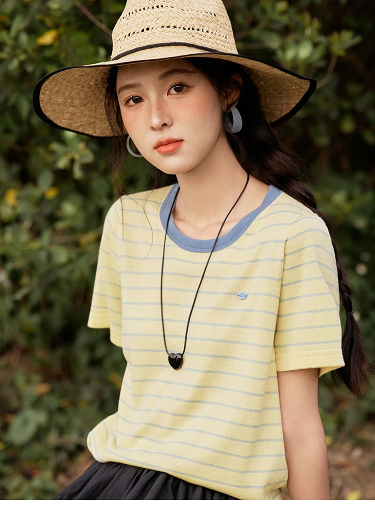 MISHOW Striped Knitted T-shirt for Women Summer 2025 Color Contrasting Round Neck Tees Wool Blended Slim Casual Top MXE35Z1270