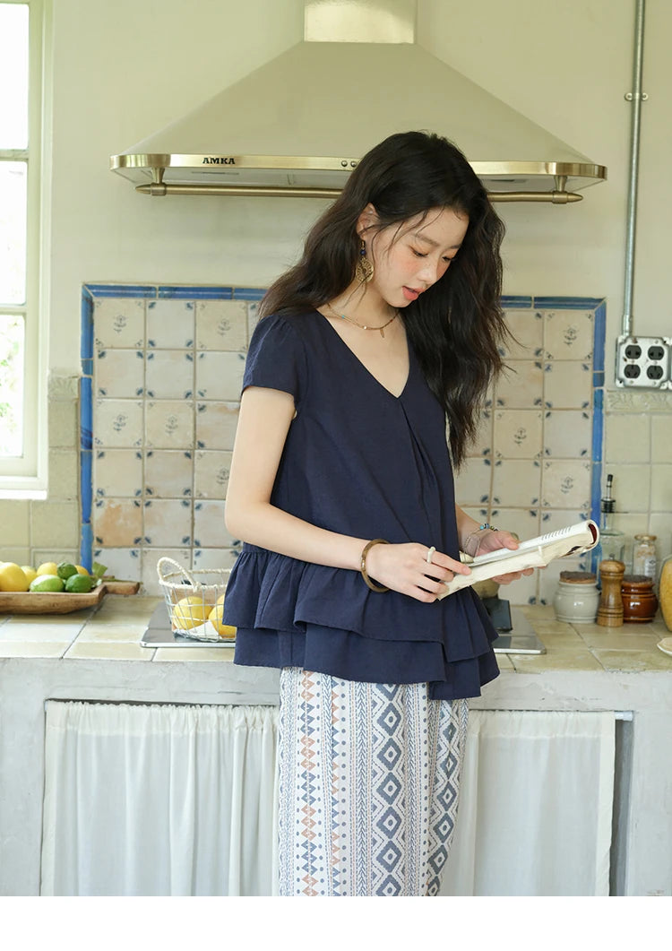 MISHOW Women's Two Piece Set 2025 Summer Spliced Lotus Leaf Edge V-neck Blouse Fashion Geometric Wide Leg Pants Set MXE39T0670