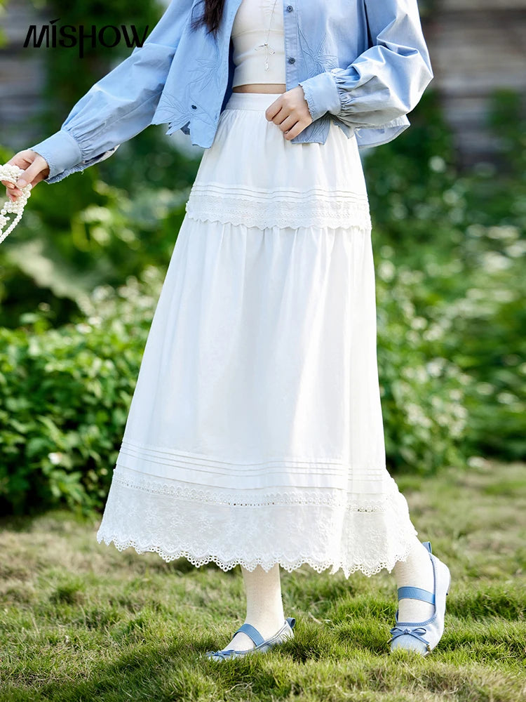 MISHOW French Retro Hollow Lace Skirt for Women Spring 2025 Elegnat 100 Cotton A-line Skirt High Waist Sweet Skirts MXE12B0643
