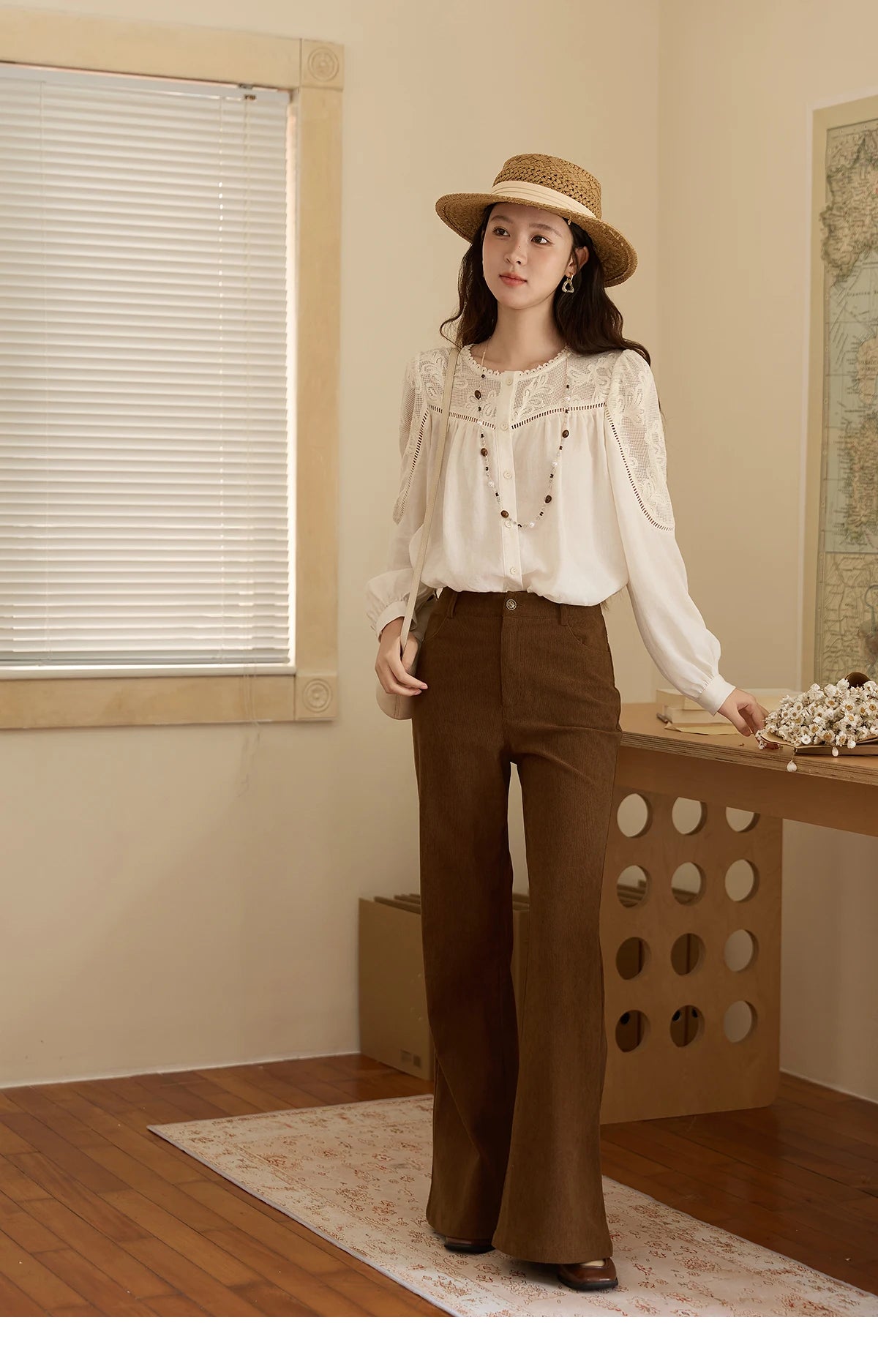 MISHOW Women's Beige Hollow Out Embroidery Shirt Autumn French Elegant Long Sleeve O-Neck Shirts Retro Commute Tops MXE44X2498