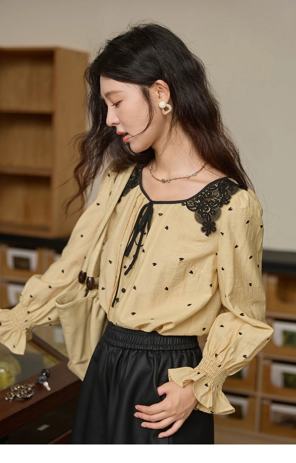 MISHOW Women's Yellow Heart Printed Shirt Autumn Lace Hollowed Out Collar Bubble Sleeve Top Lace-up Commuter Shirts MXE41X1949
