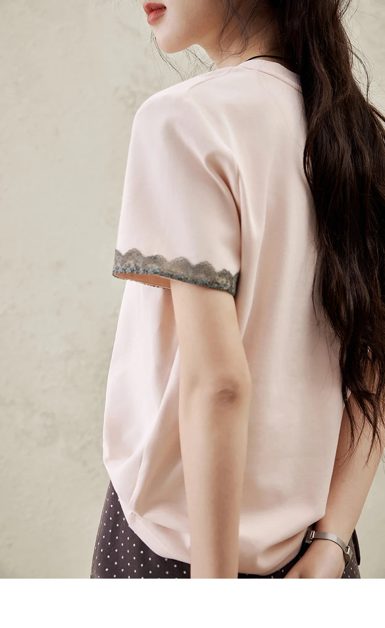 MISHOW Casual Pink Letter T-shrit Women Summer 2025 New Short Sleeve Round Neck Shirts Woman Fashion Lace Tops Lady MXE32T0529