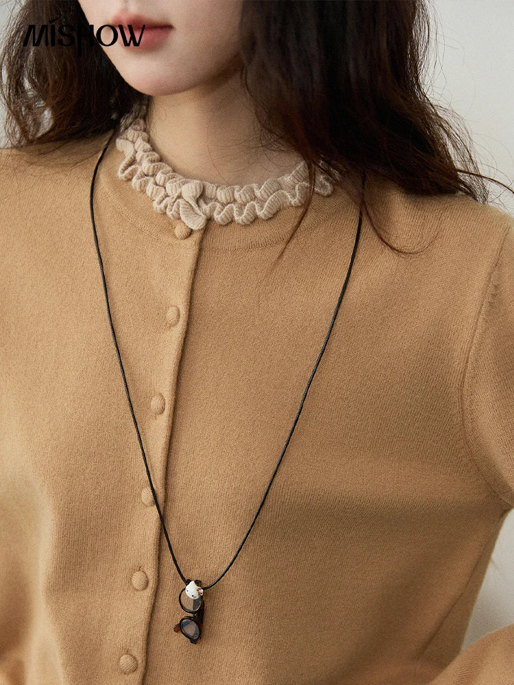 MISHOW Women Knit Cardigan Long Sleeve 2025 Winter Retro Ruffle O-neck Knitted Sweater Loose Casual Commute Khaki Top MXE91Z2749