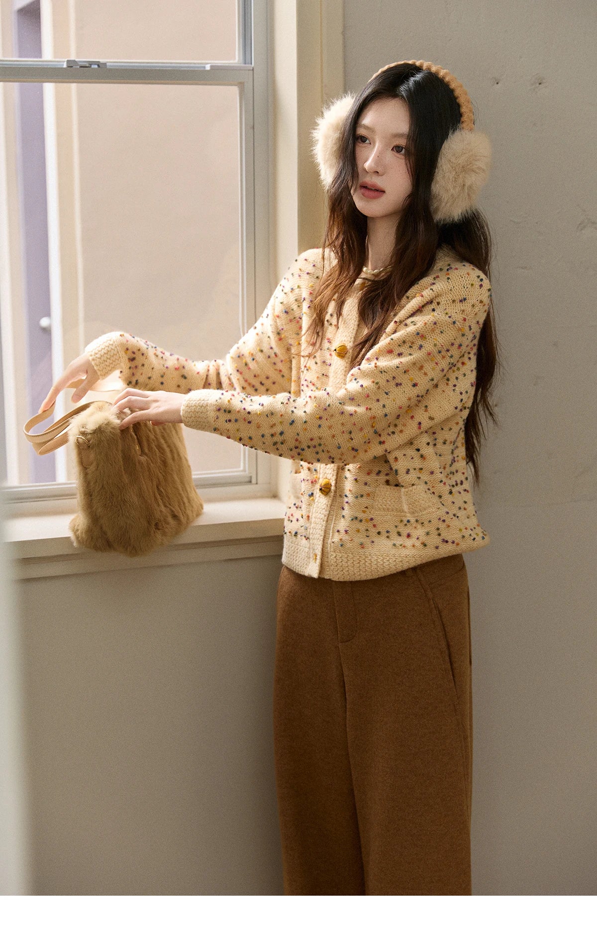 MISHOW Colorful Yellow Sweater Cardigan for Women Winter 2025 Arctic Fleece Retro Round Neck Warm Thick Knit Sweaters MXE91Z2778