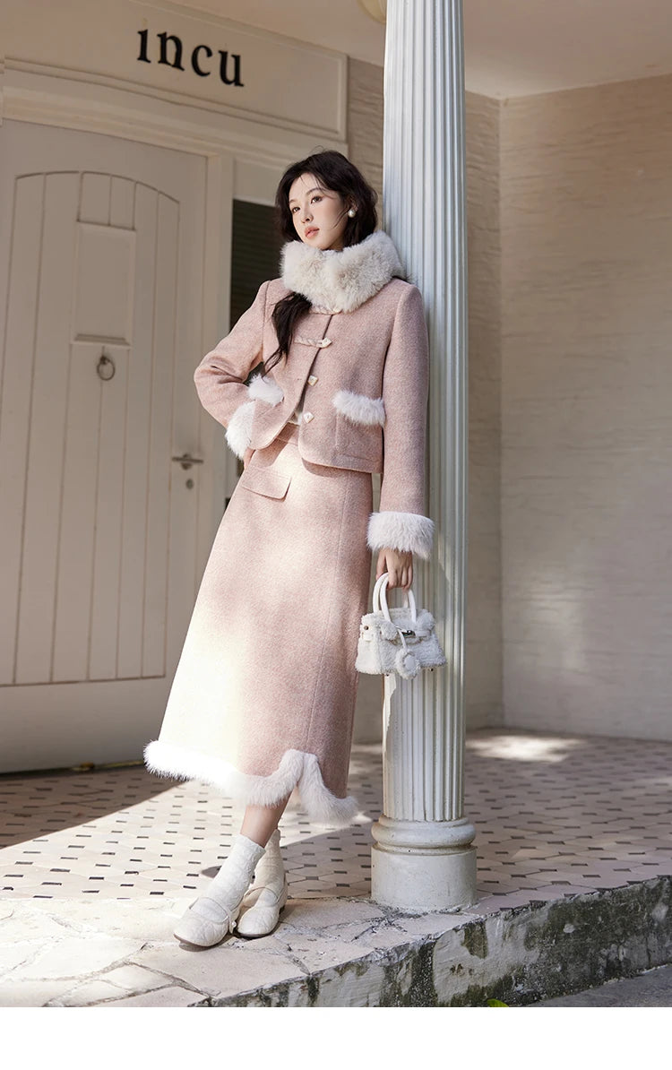 MISHOW New Chinese Tweed Coats Midi Skirts Separately Clothes Winter Woman Sweets Edge Design Plush Fur Coat Women MXD54W0583