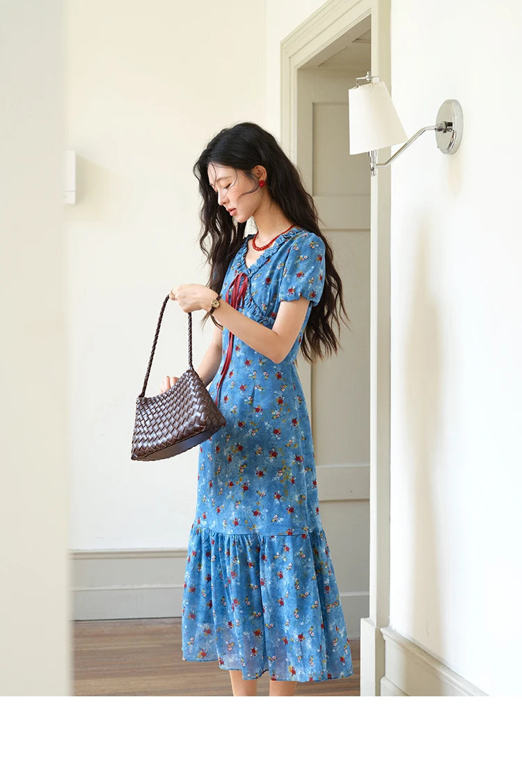 MISHOW Women's V-neck Lace Up Dress 2025 Summer New Female Fashion Puff Sleeve Chiffon Print Dresses Ladies Clothing MXE39L2401