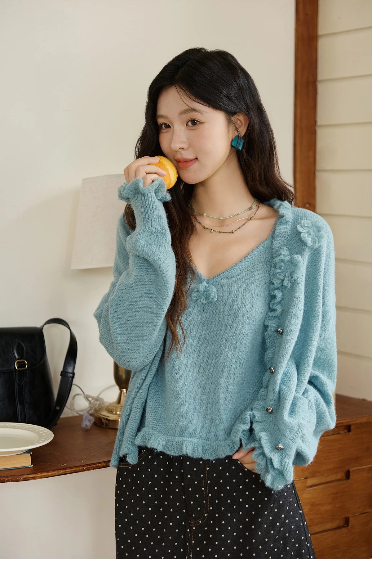 MISHOW Blue Knitted Cardigan Strap Two Piece Set 2025 Autumn Sweater Cardigan Lotus Leaf Edge Flower V-neck Camis Set MXE45T1377