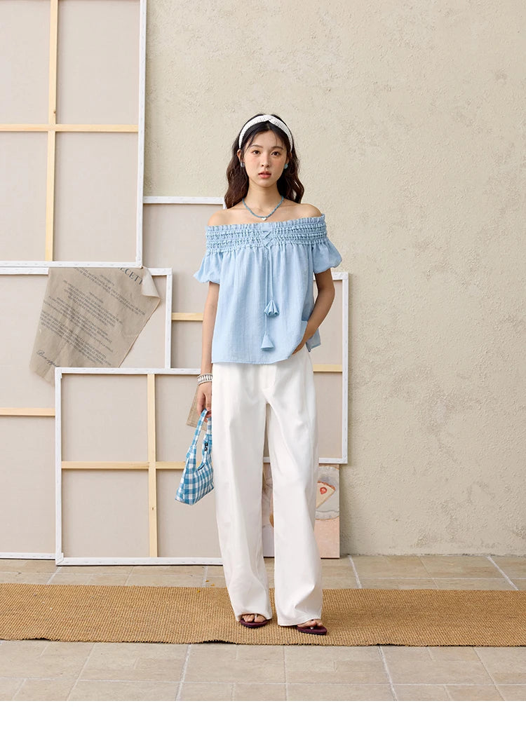 MISHOW Mist Blue One Shoulder Blouse Summer 2025 Elastic Pleated Flower Bud Sleeves Doll Blouses Cotton Blend Top MXE34X1796